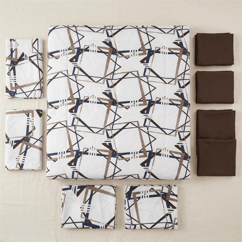 9 Piece Room In A Bag Quilt And Curtain Set, US Designer Modern Geometric Print Heavyweight Bedspread With 6 Customizable Window Panels, Pet-Friendly High GSM Coverlet Brown,Navy,White