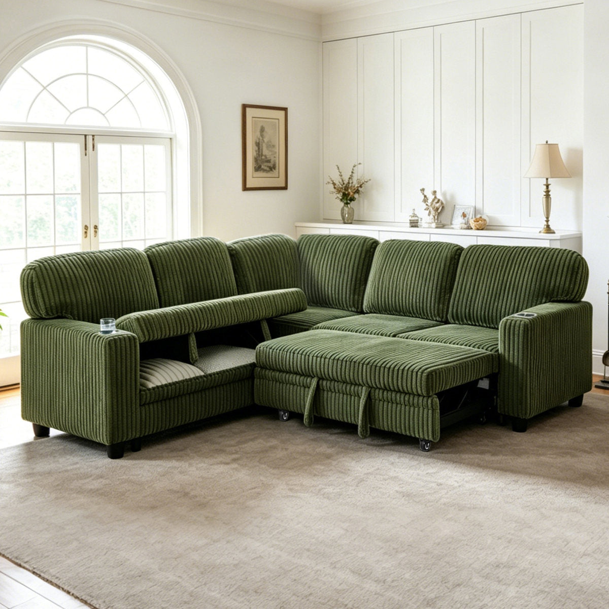 L-Shaped Sectional Sofa Bed with Pull-Out Bed & Storage, 5-Seat Sleeper Couch with USB Charging, Convertible Design for Living Room, Apartment, Corduroy Fabric, Olive Green