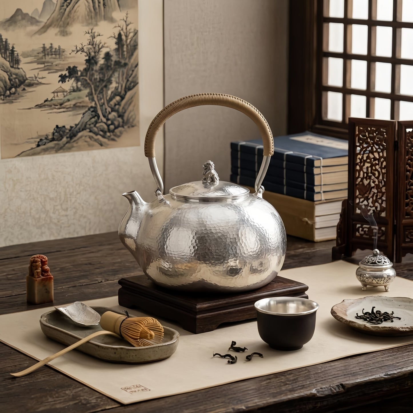 Pure 999 Fine Silver Hammered Silver Tea Kettle with Lion Finial and Rattan-Wrapped Handle - Handicraft
