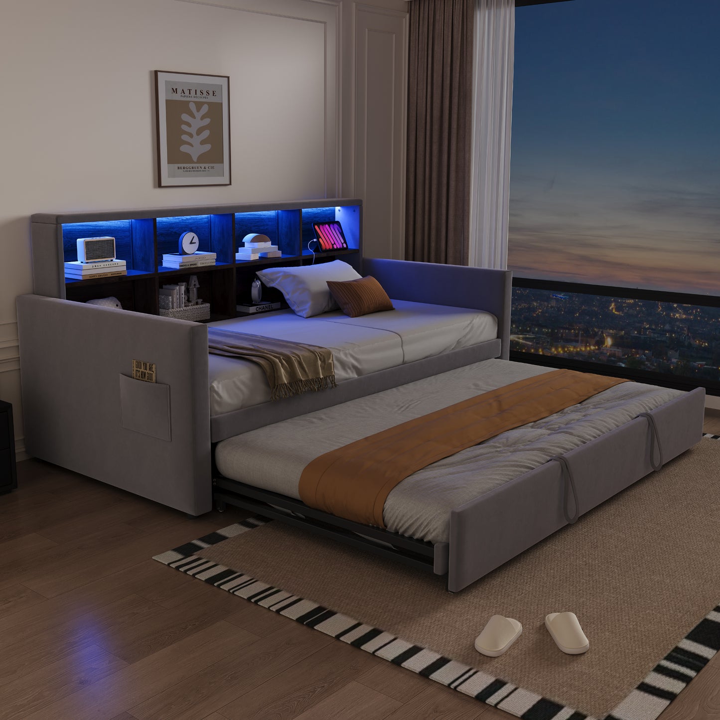 Upholstered Bed Sofa Bed 90x190cm, Headboard With Integrated Storage Compartments, LED Light Strip And Charging Sockets, With Pull-out Bed, Velvet Upholstery, Light Grey