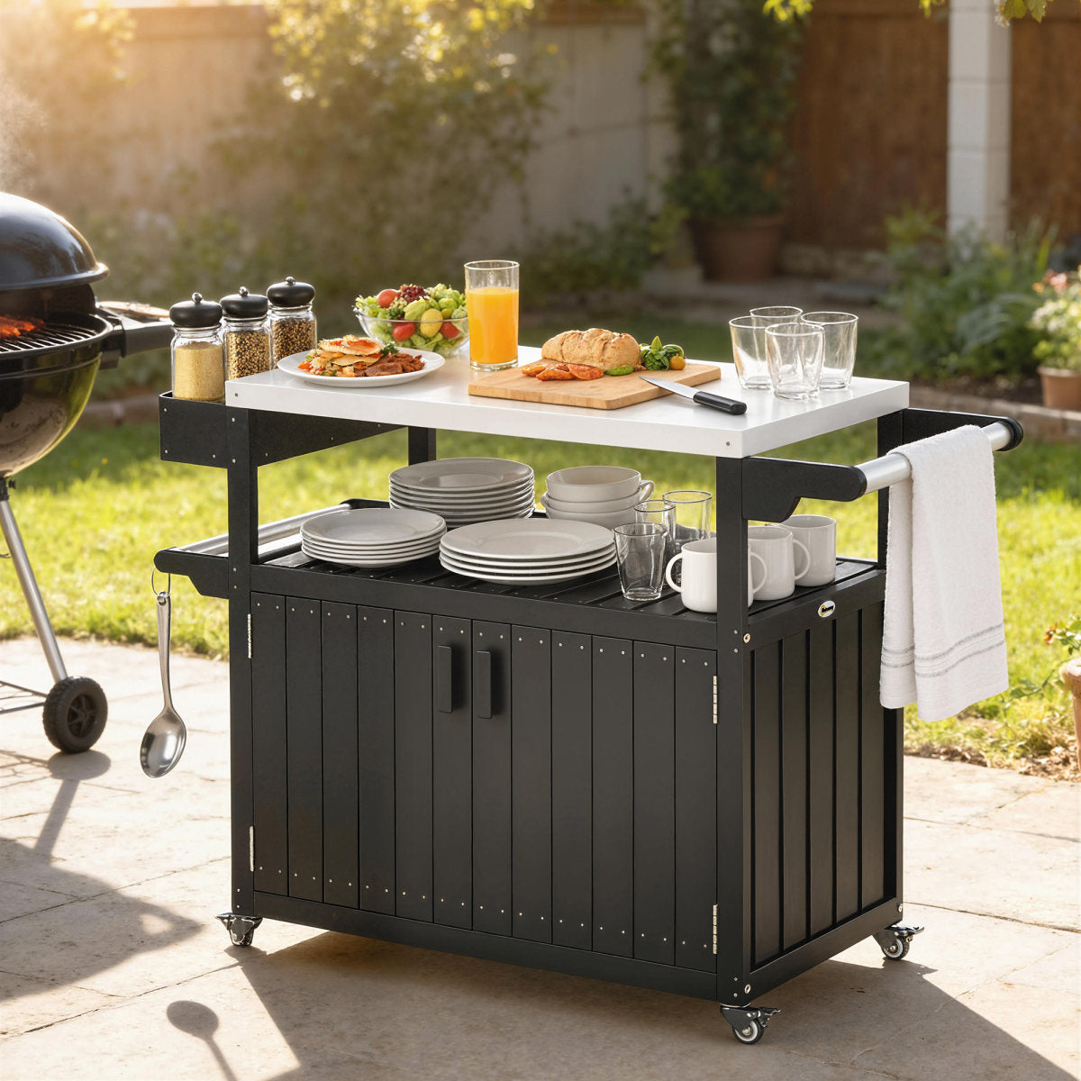 Outdoor Bar Cart With Storage, Stainless Steel Outdoor Bar Table Top, Wheeled HDPE Kitchen Island For Food Prep, Black