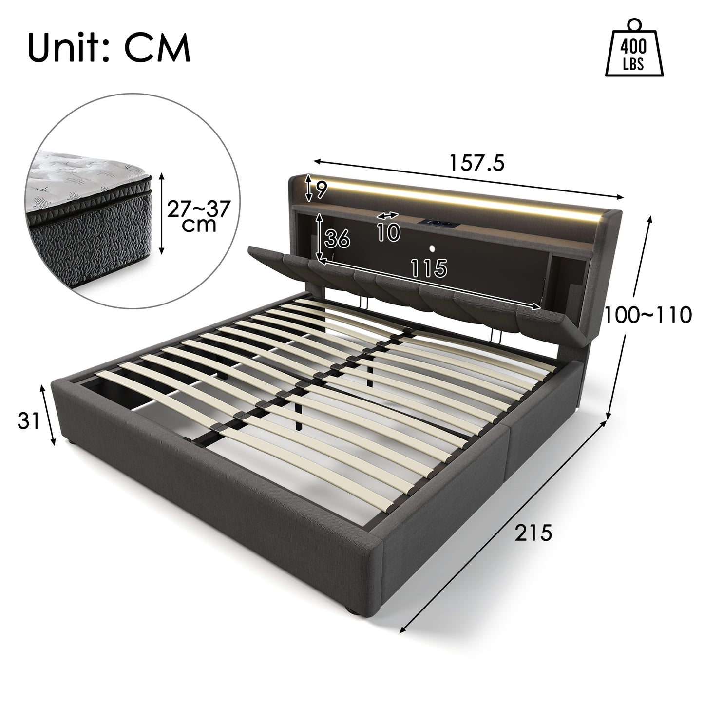 Upholstered Bed Double Bed With Charging USB Charging Function Storage Headboard And LED Lighting, Double Bed 140x200cm Storage Beds Bed Frame, Wooden Slatted Base, Grey  Without Mattress