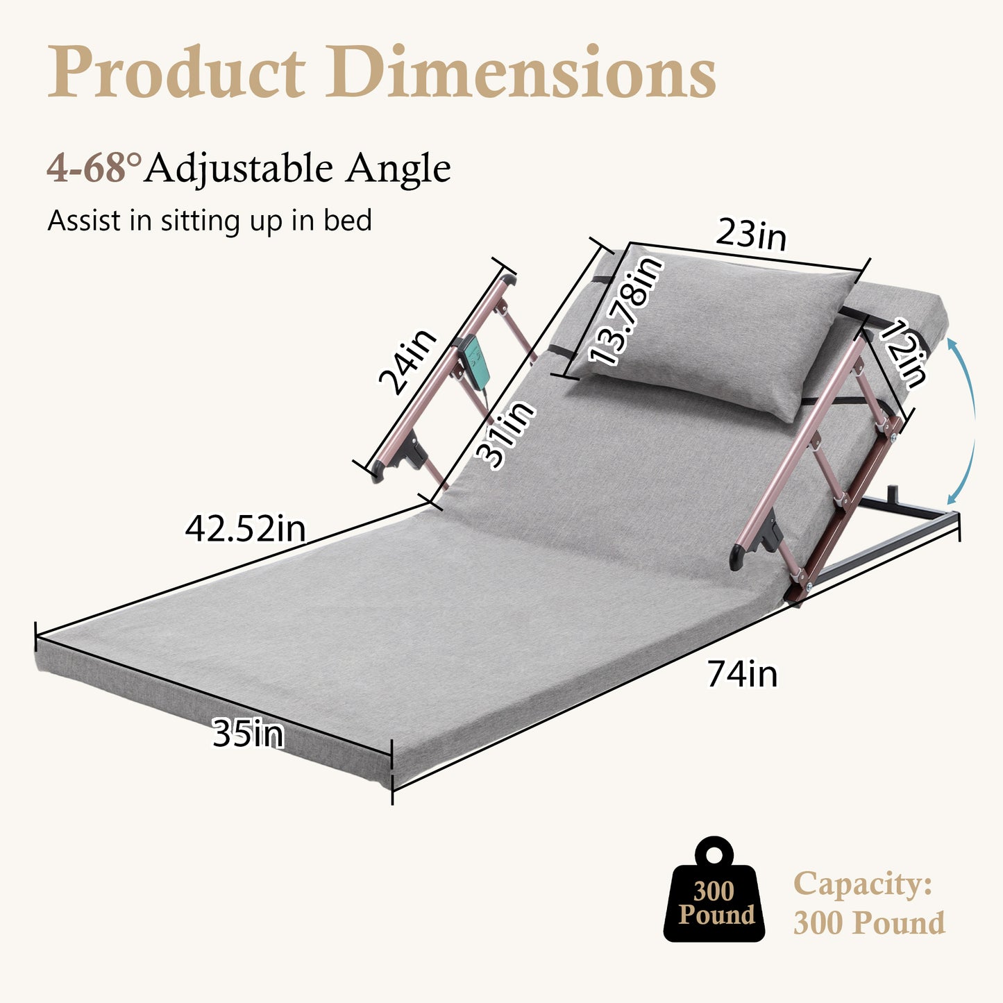 Electric Adjustable Bed Backrest, 300 Lbs Weight Capacity, 4-68 Upgraded Lifting System With Collapsible Safety Rails, Remote Control, For Elderly, Pregnancy, Patients, Handicap, Home Hospital Care