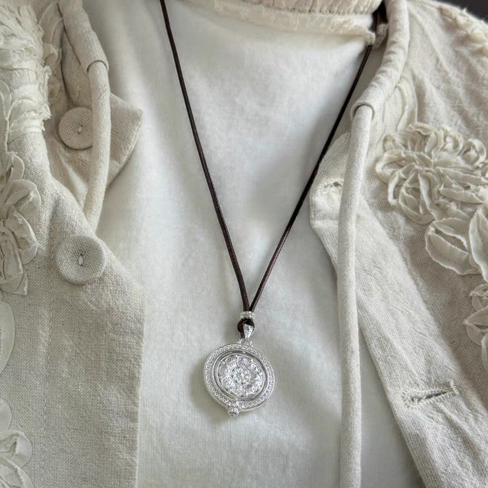 1pc 999 Sterling Silver Rotatable Eight Treasures Compass Leather Cord Necklace, Retro Chinese Style, Perfect For Daily Wear & Valentine's Gifts