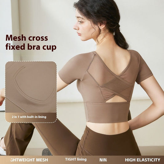 Yoga Clothes Women's Mesh Cross Back Short Sleeve Workout Top