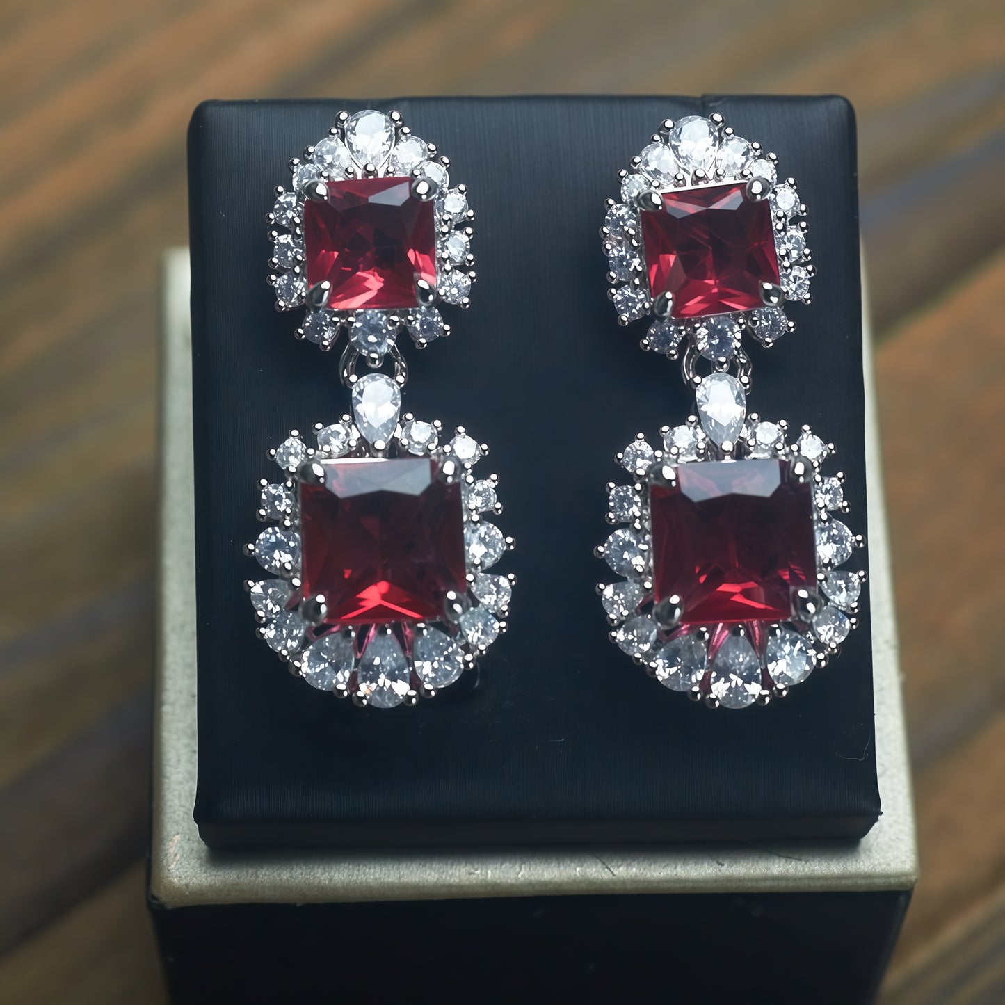 Two-Tier Princess Cut Red CZ Double Halo Dangle Drop Earrings For Women, Copper Silver Plated White Crystal Vintage Wedding Banquet Statement Jewelry Gift