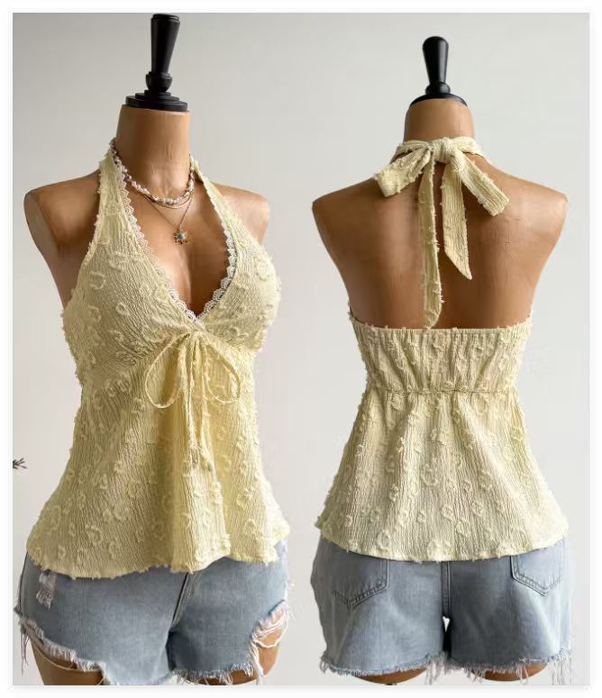 New V-neck Backless Halter Top Vacation Style Sexy Hot Girl Jacquard Summer Top