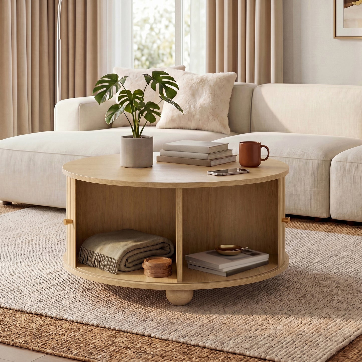 Coffee Table, Round Coffee Table, Living Room Table, Circumferential Vertical Relief Structure, Two Sliding Doors, MDF Body, Metal Handles, Spherical Metal Feet, Four Separate Storage Compartments