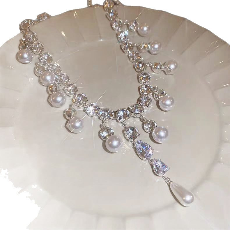 Full Zirconium Pearl Tassel Accessories Female Necklace