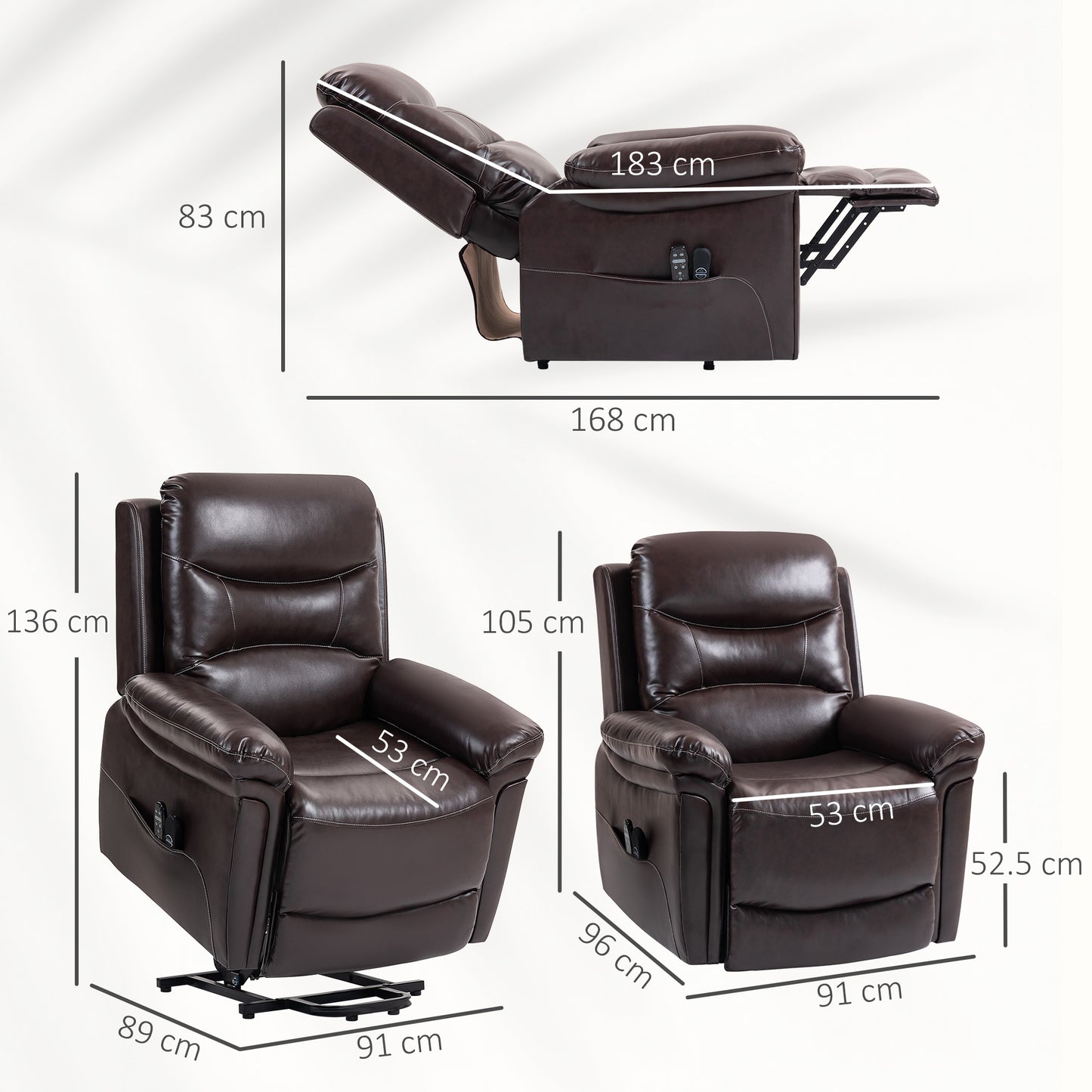 Power Lift Recliner Chair With Vibration Massage, Heat, USB - Brown