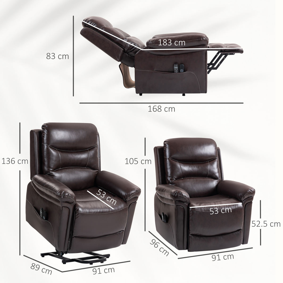 Power Lift Recliner Chair With Vibration Massage, Heat, USB - Brown