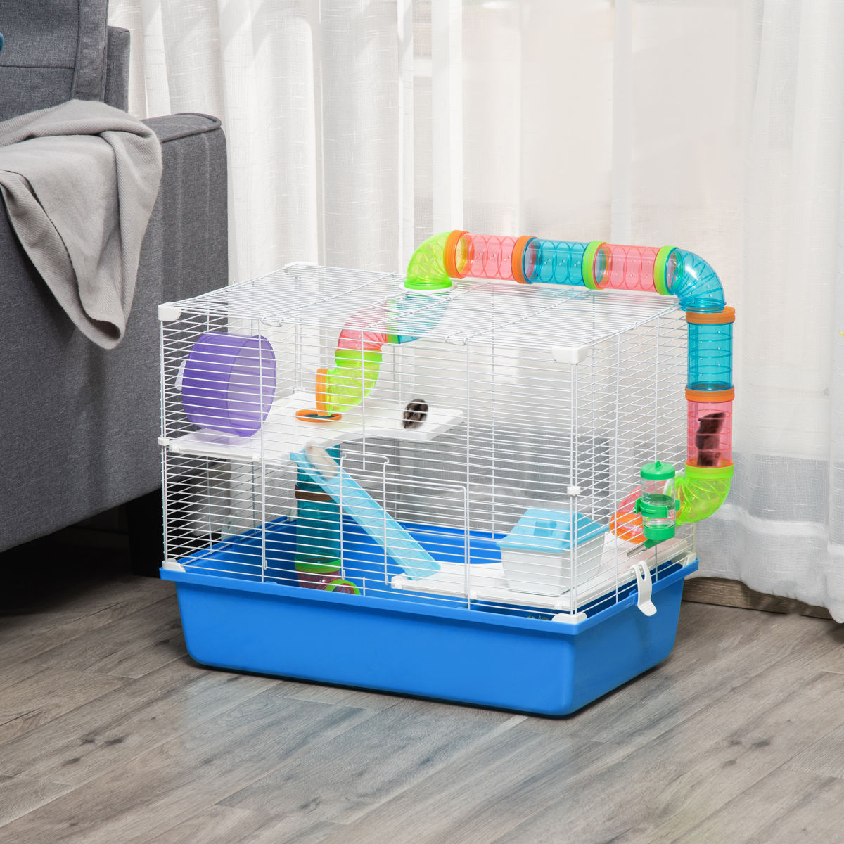 PawHut Hamster Cage, Gerbil Cage 3 Tier For Dwarf Hamster With Tube, Exercise Wheel, Water Bottle, Food Dish 59 X 36 X 47 Cm- Blue