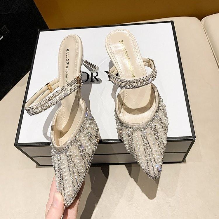 Women Pearl Rhinestone Pointed Toe High Heel Slippers, 2026 New Korean Fairy Style Thin Heel Single Strap Sandals For Outdoor Wear