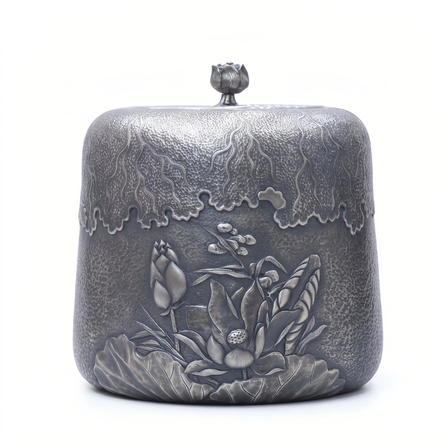 Pure 999 Fine Silver Exquisite Hammered Pewter-Tone Tea Canister with Detailed Lotus Floral Relief and Bud Finial - Handicraft