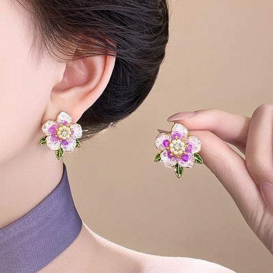 Korean Elegant Crystal Earrings For Women Purple Flower Rhinestone Premium Versatile