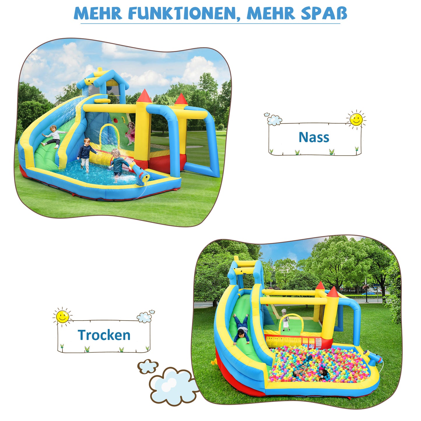 Kids Bouncy Castle, 5 In 1 Inflatable Bouncy Castle For Kids 3-10 Years Old, Outdoor Castle Bouncer With Slide Jumping Area Water Pool Football Net, Inflatable Size 364x315x239cm