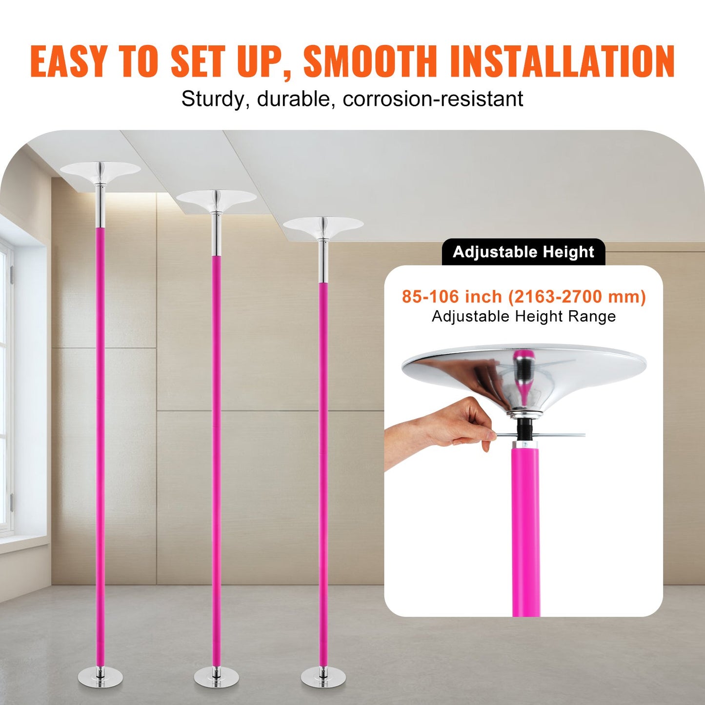 Professionelle Tanzstange, Pole Dance Tragbare Tanzstange Profi Ca. 216,3-270 Cm Höhenverstellbare Abnehmbare Fitnessstange Spinning Fitness Pink, Statische Tanzstange Fitnessstudios