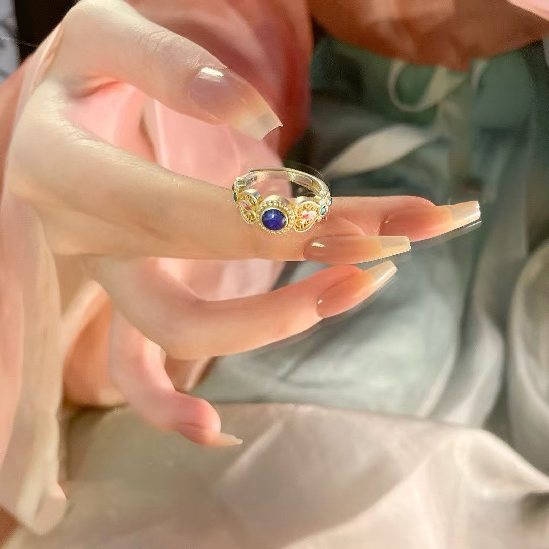 1pcs 999.9 Sterling Silver Gold-Plated Enamel Floral Ring, Luxury Retro Style, Ideal For Birthdays & Holiday Gifts