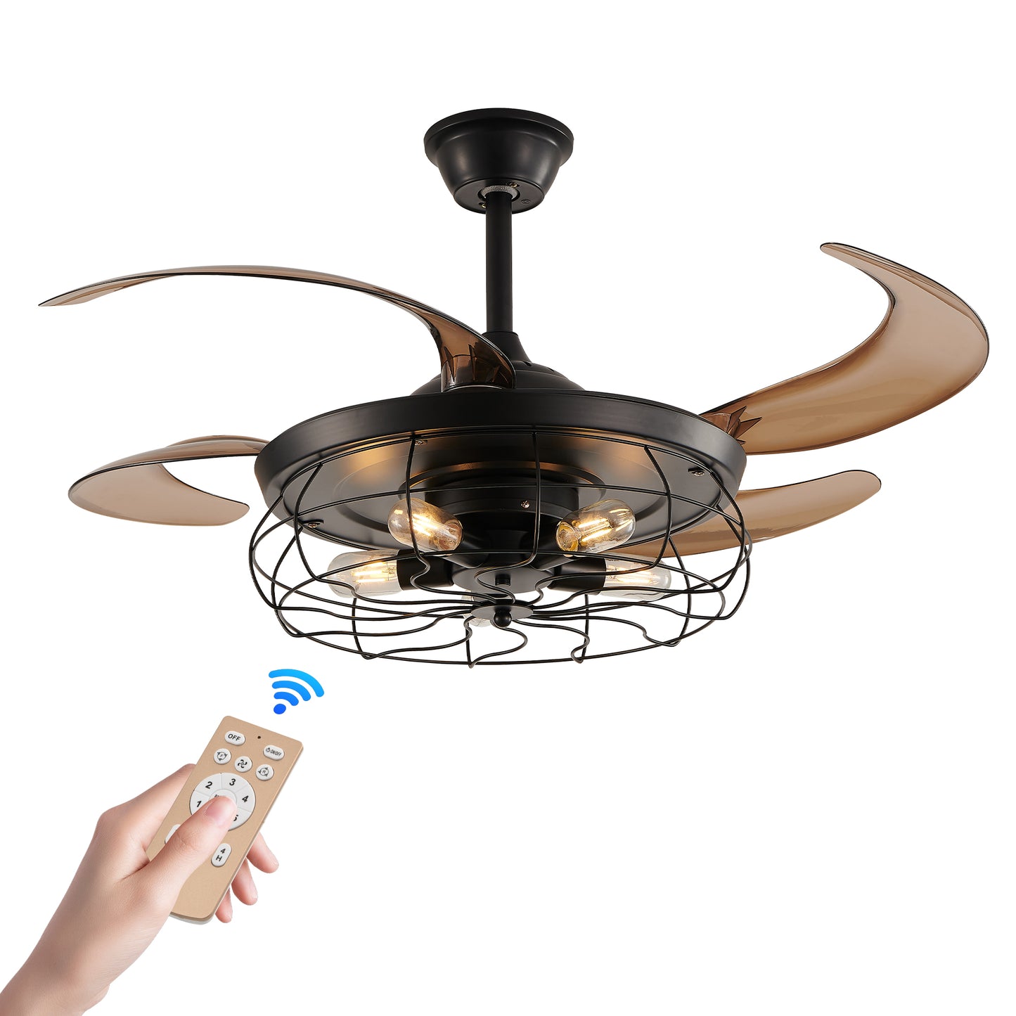 48  Black Remote Control Ceiling Fan Light   Industrial 4-Blade Fan With Cage Design And Adjustable Speed For Living Room, Bedroom, Or Office  Silent 6-Speed Reversible DC Motor Bulb Not Included