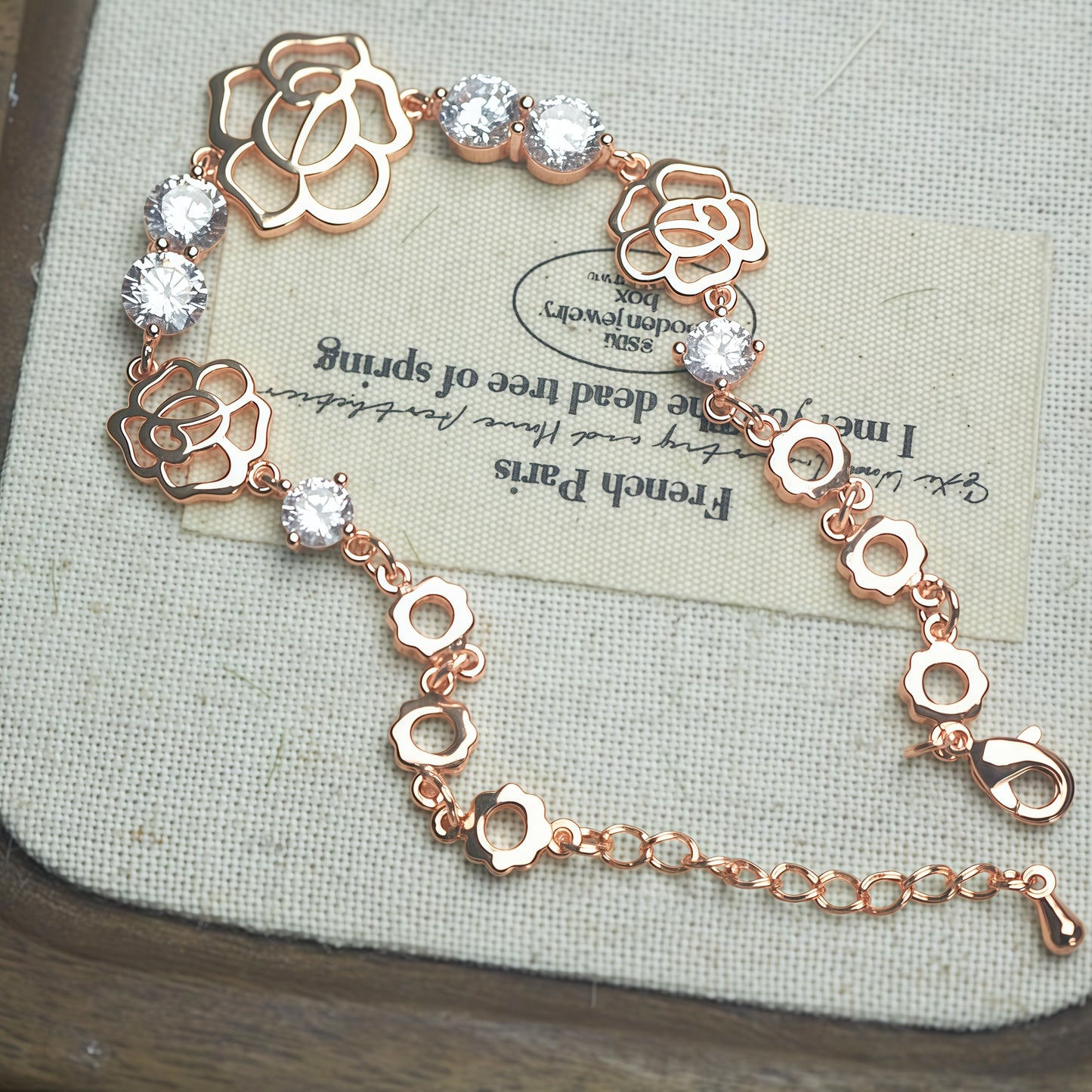 Rose Gold Openwork Rose Flower Cubic Zirconia Link Bracelet For Women, Copper Plated Silver Adjustable Extension Chain Floral Dainty Wedding Daily Jewelry Gift
