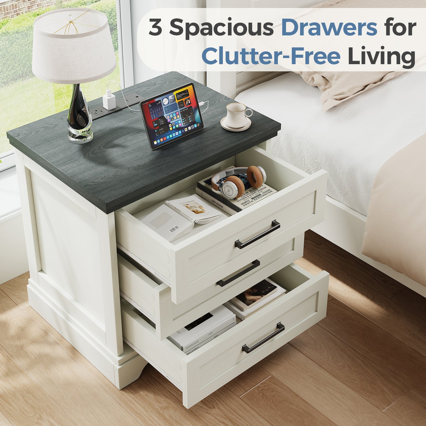 Country-style Bedside Table With Charging Device, Coffee Table With A Large Drawer, Small Side Table, Storage Cabinet
