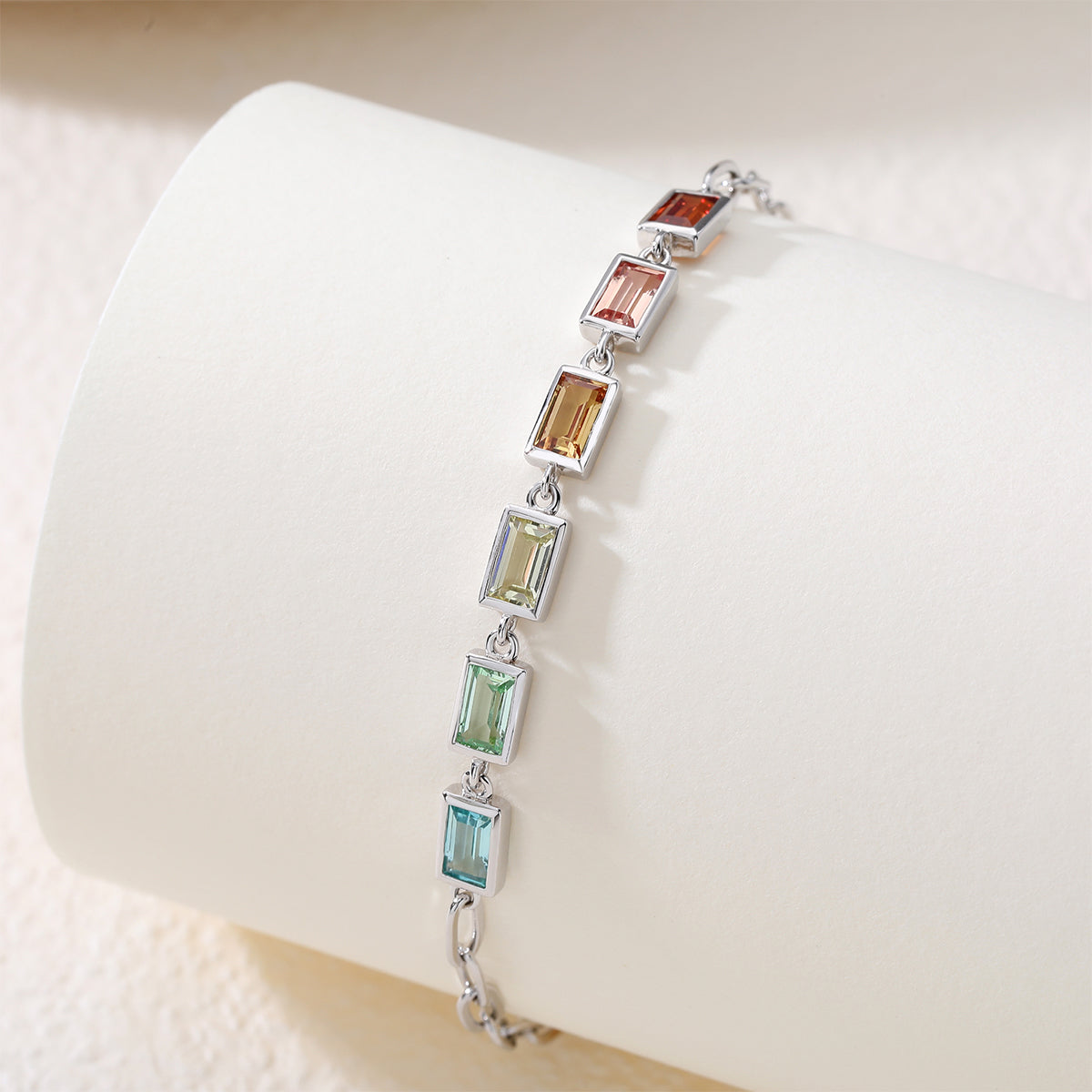 S925 Sterling Silver Rectangle Rainbow Lab-Grown Gemstone Bracelet 16cm Paperclip Chain Platinum Plated Fashion Gift Box