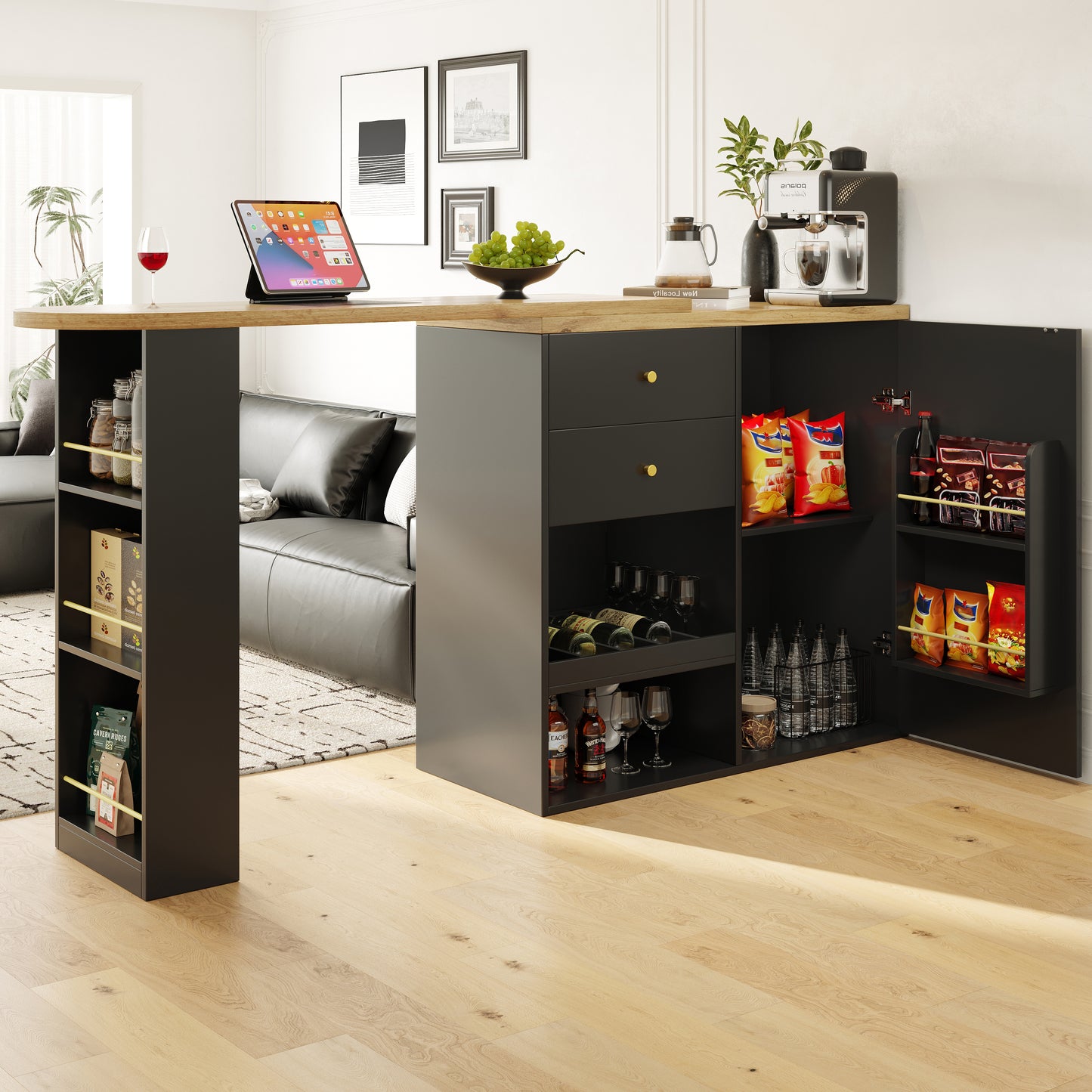 Swivel Bar Table  Main Body 105 X 39 X 102 Cm , With 2 Drawers And Sliding Door Cabinet, 3 Levels Of Open Storage, Suitable For Dining Room Study Living Room, Etc