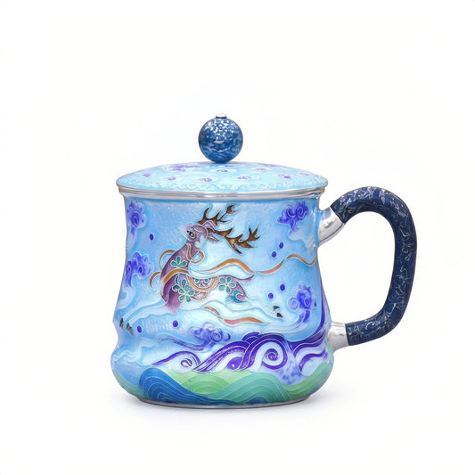 925 Sterling Silver Exquisite Blue Enamel Tea Mug Featuring a Majestic Deer and Celestial Wave Design - Handicraft