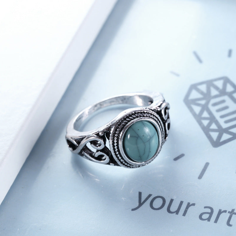 European And American Fashion Vintage Turquoise Titanium Steel Mens Ring