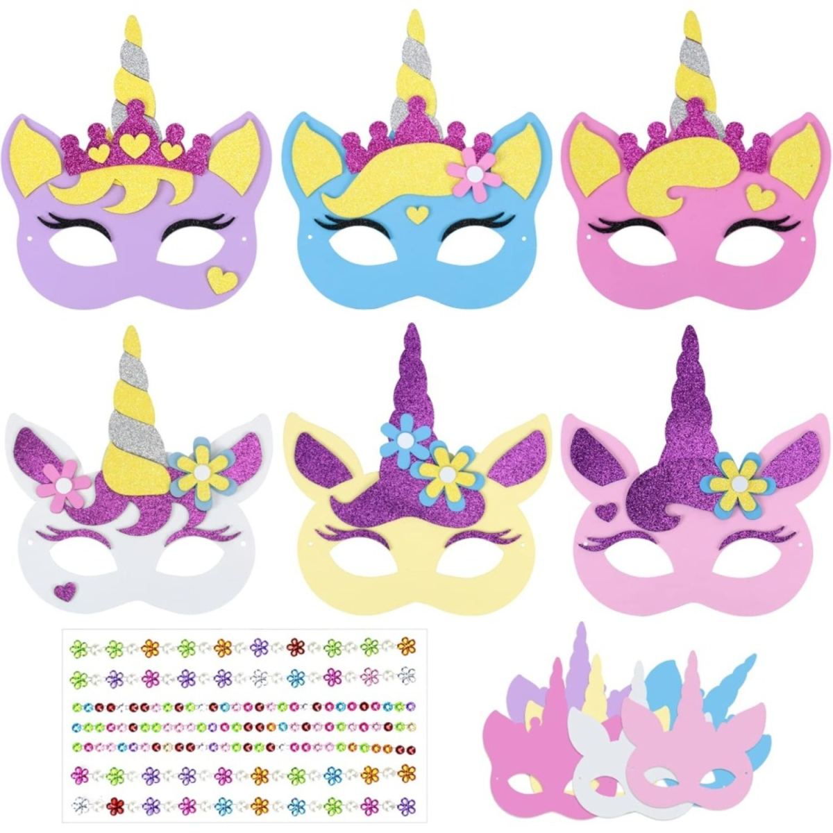6 Unicorn Mask Craft Kits—Creative Arts And Crafts DIY Projects With 6 Foam Rubber Stencils And Rhinestones—Creative Craft Sets For Birthdays, Christmas, And Photo Booth Props