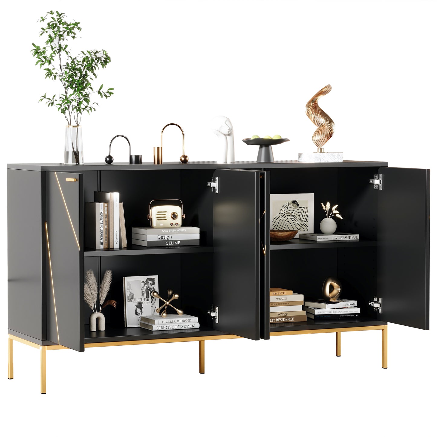 Sideboard With Four Doors, Metal Feet, TV Cabinet, Wardrobe, Linear Design With Metal Line Decor, Black Golden, Dimensions H 80cm  W 150 Cm  D 40 Cm
