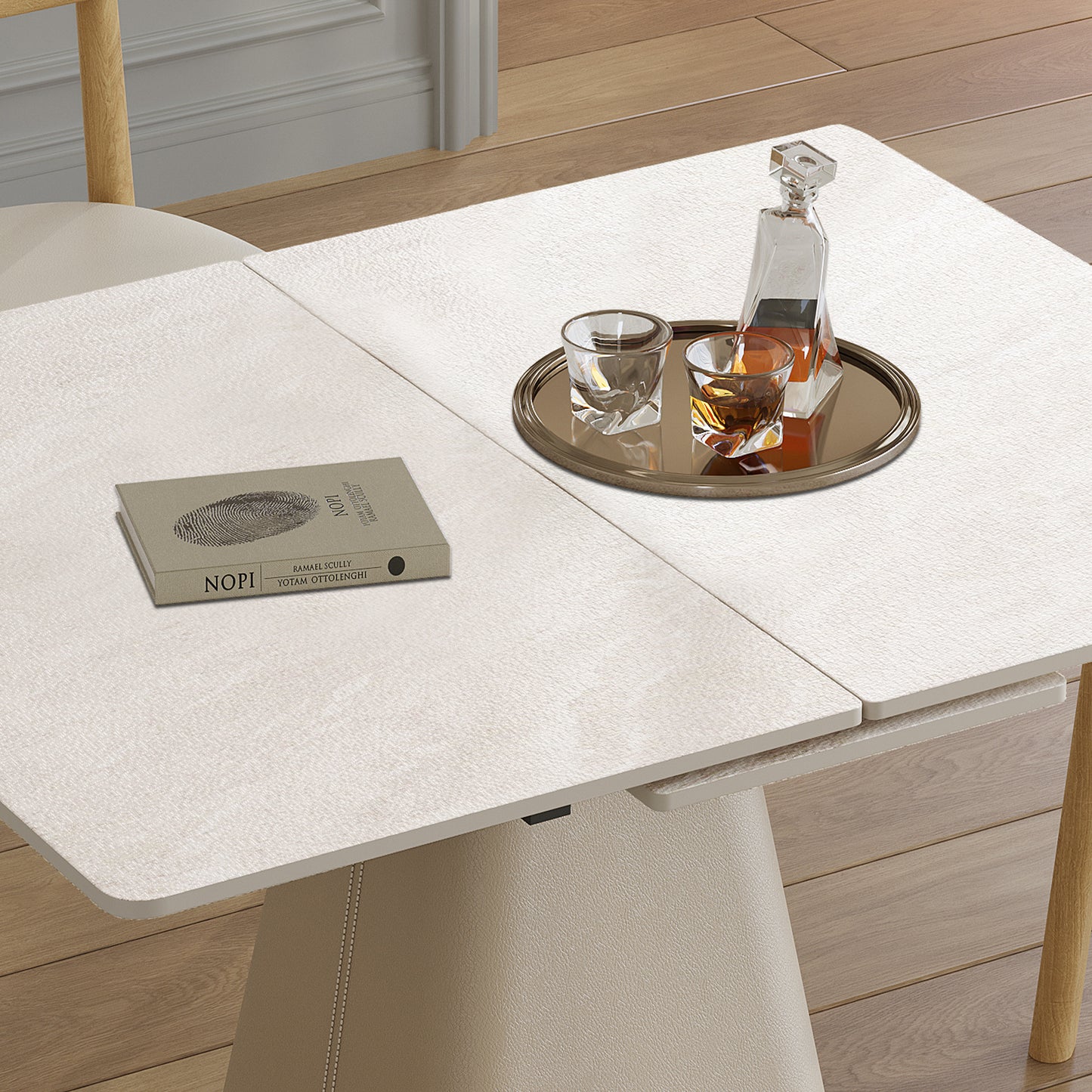 Retractable Rock Slab Folding Dining Table  Modern Square Expandable Table With Leather-Wrapped Stainless Steel Base  Dual-Purpose Space Saving Kitchen Table For Small Apartments