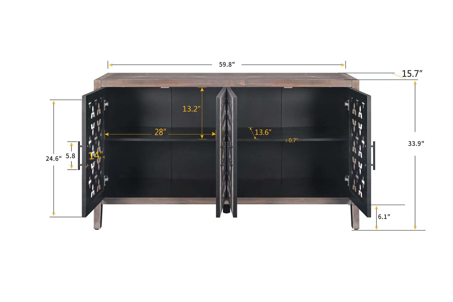 Hollow Four Door Antique Cabinet, American Country Style, Suitable For Living Room, TV Cabinet, Kitchen  Brown