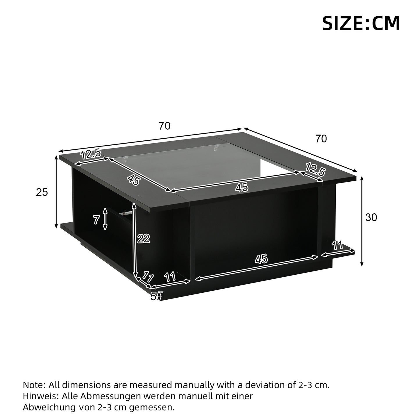 Coffee Table 70x70x30 Cm, Square Coffee Table In Black With Glass Top, High-gloss Surface & LED Lighting, Side Table, Coffee Table, Living Room Table Made Of Chipboard, Loadable Up To 30 Kg