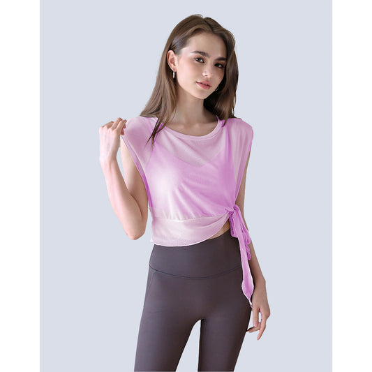 New Summer 2-Piece Yoga Outfit, Sports Short Sleeve Top With Built-in Bra Pads, Elegant Mesh Pilates Fitness Top