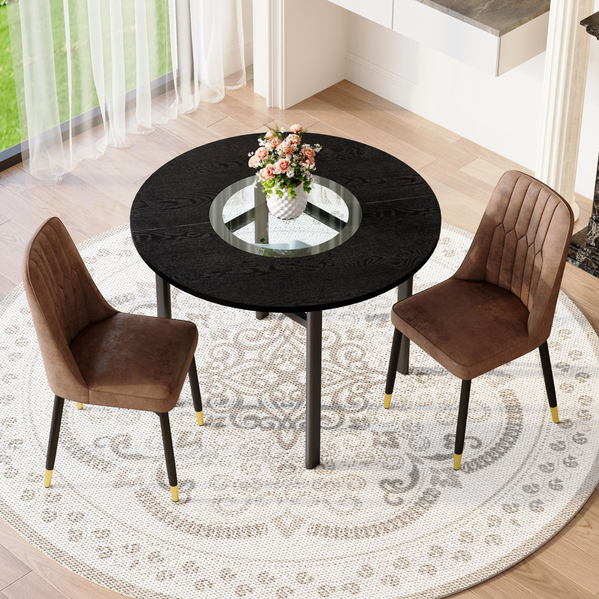 Modern Minimalist Round Table Set  With 2 Brown Armchairs In Tech Fabric And Black Metal Legs , Round Table With A Diameter Of 100 Cm In Black Wood Effect, Suitable For Living Rooms.