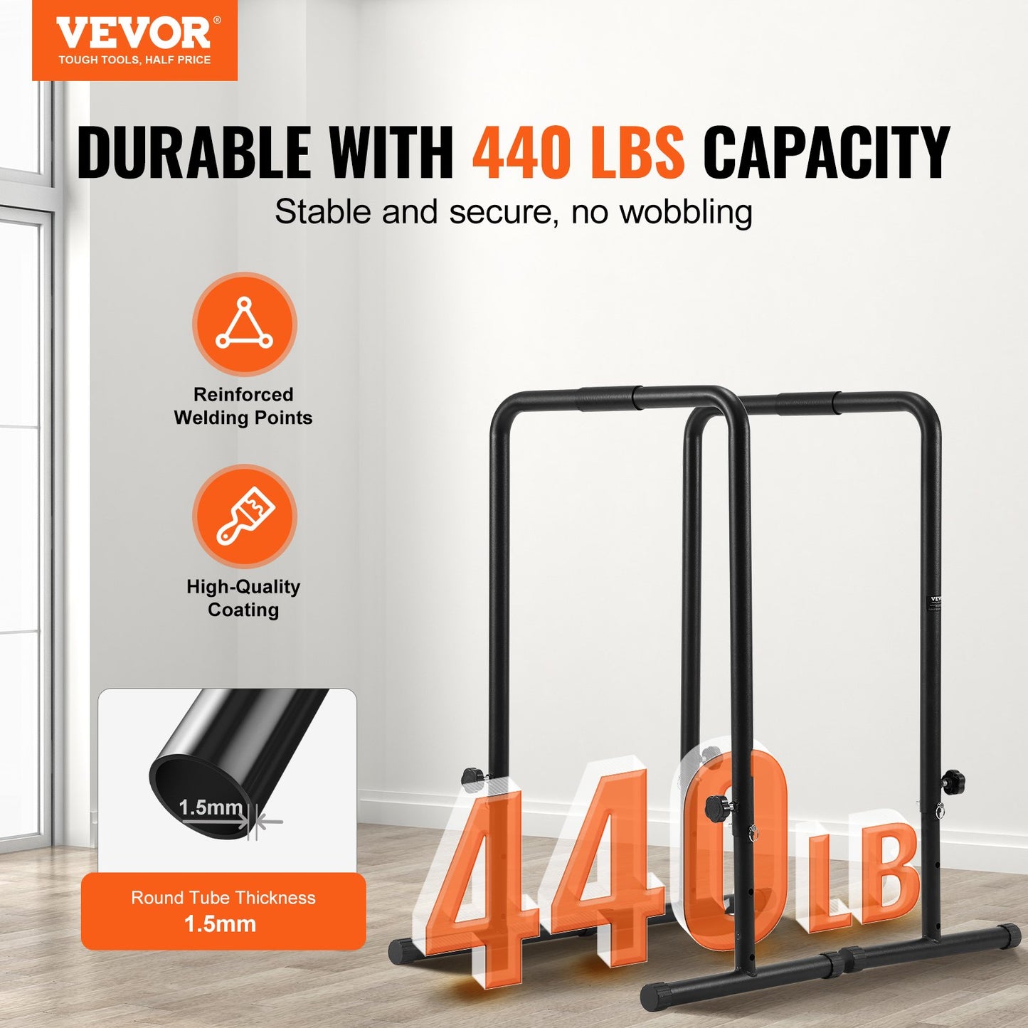 Dip Bars, 440 Lbs Capacity, Heave Duty Dip Stand Station With Adjustable Height, Fitness Workout Dip Bar Station Stabilizer Parallette Push Up Stand, Parallel Bars For Strength Training Home Gym