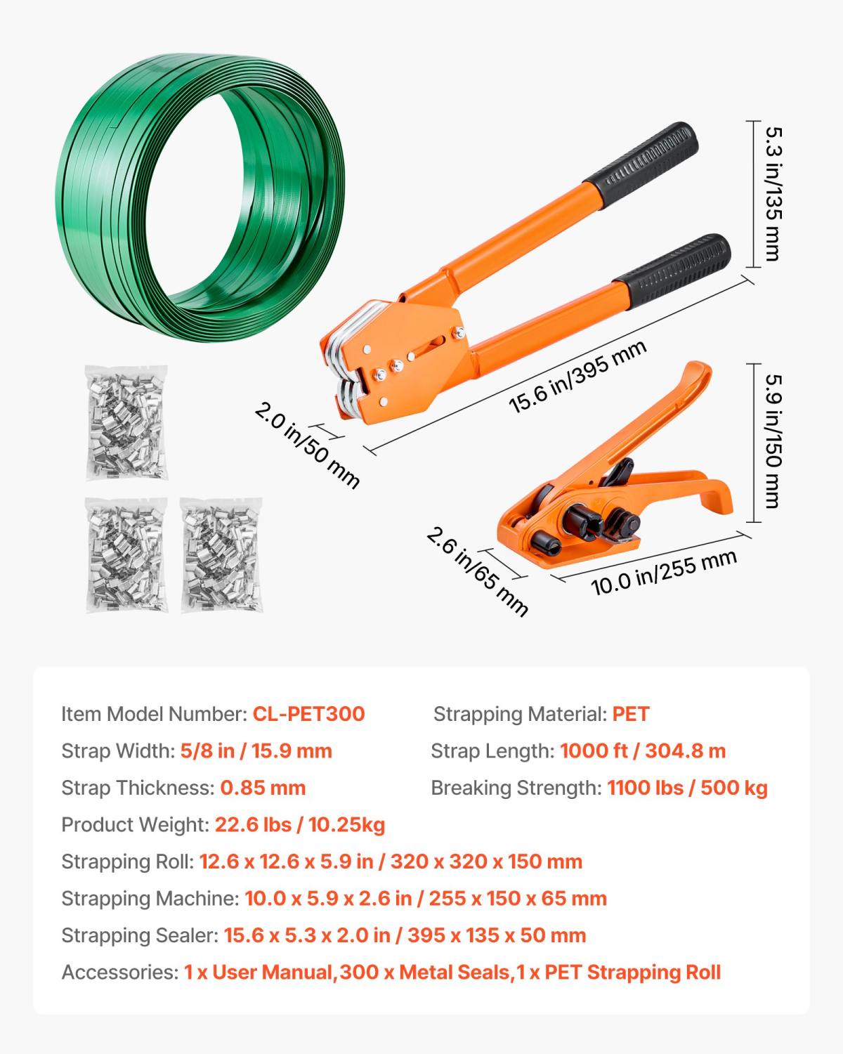 Banding Strapping Kit, Heavy Duty Banding Sealer Tool With 1000 Ft Length PET Band, 300 Metal Seals, Plastic Manual Pallet Packaging Strapping Kit For Warehouse/Shipping/Moving/Home, Orange