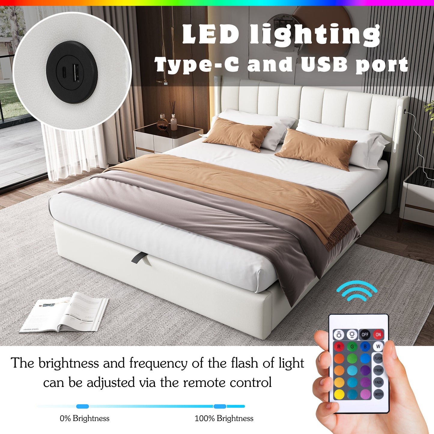 LED Upholstered Super King Size Bed - 6ft 180X200cm With Storage & Hydraulic Lift, USB Charging Ports, Adjustable Headboard & Lighting, PU , White