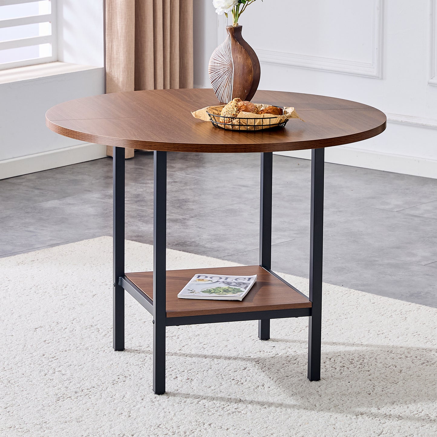 Modern Round Dining Table With Storage Shelf, Walnut Wood Grain & Metal Frame, 100cm Diameter, 4-6 People, Ideal For Kitchen, Dining Room & Small Rooms