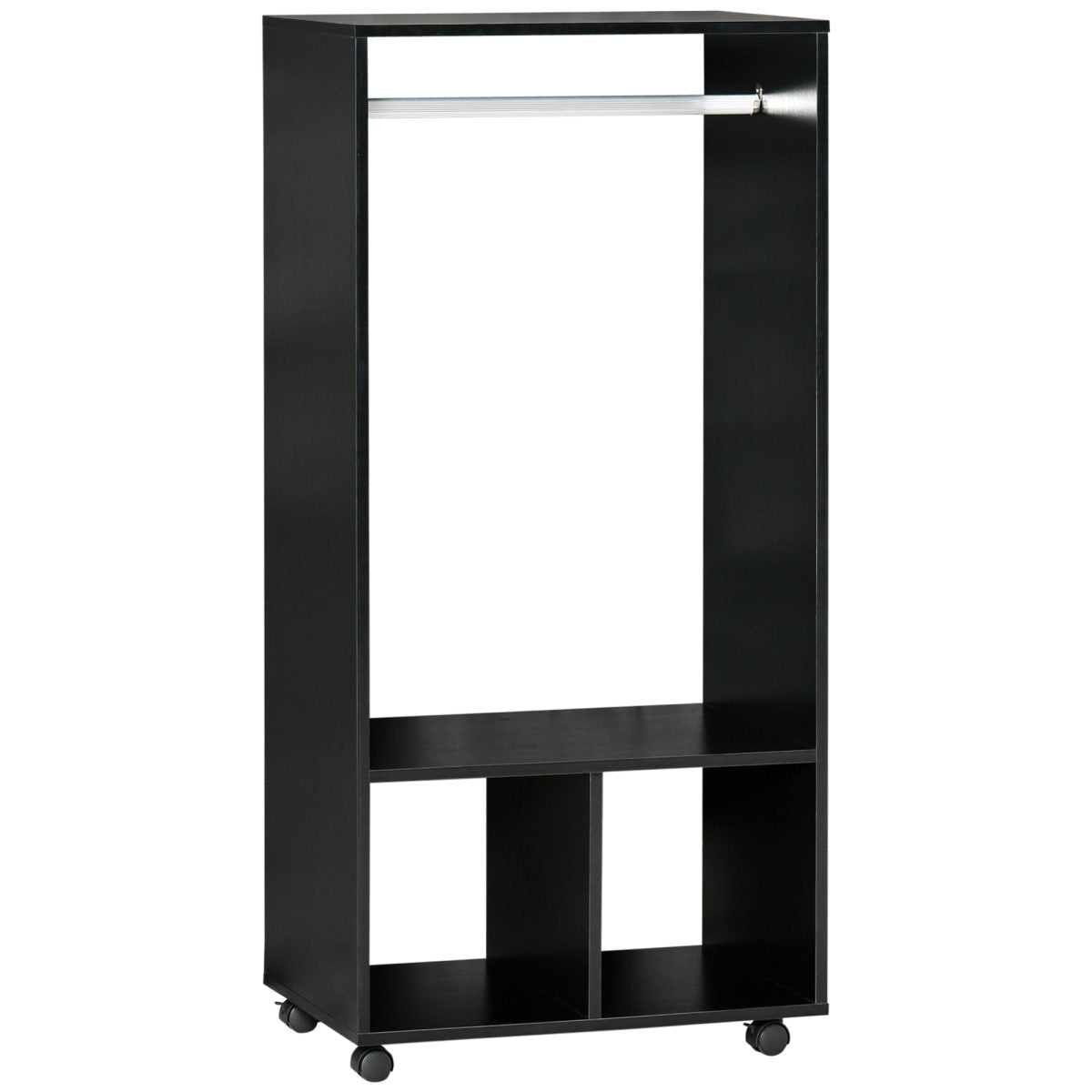Open Wardrobe On Wheels, Bedroom Wardrobe With Clothes Hanging Rail, 2 Storage Shelves, Mobile Garment Rack For Cloakroom, Hallway, Black