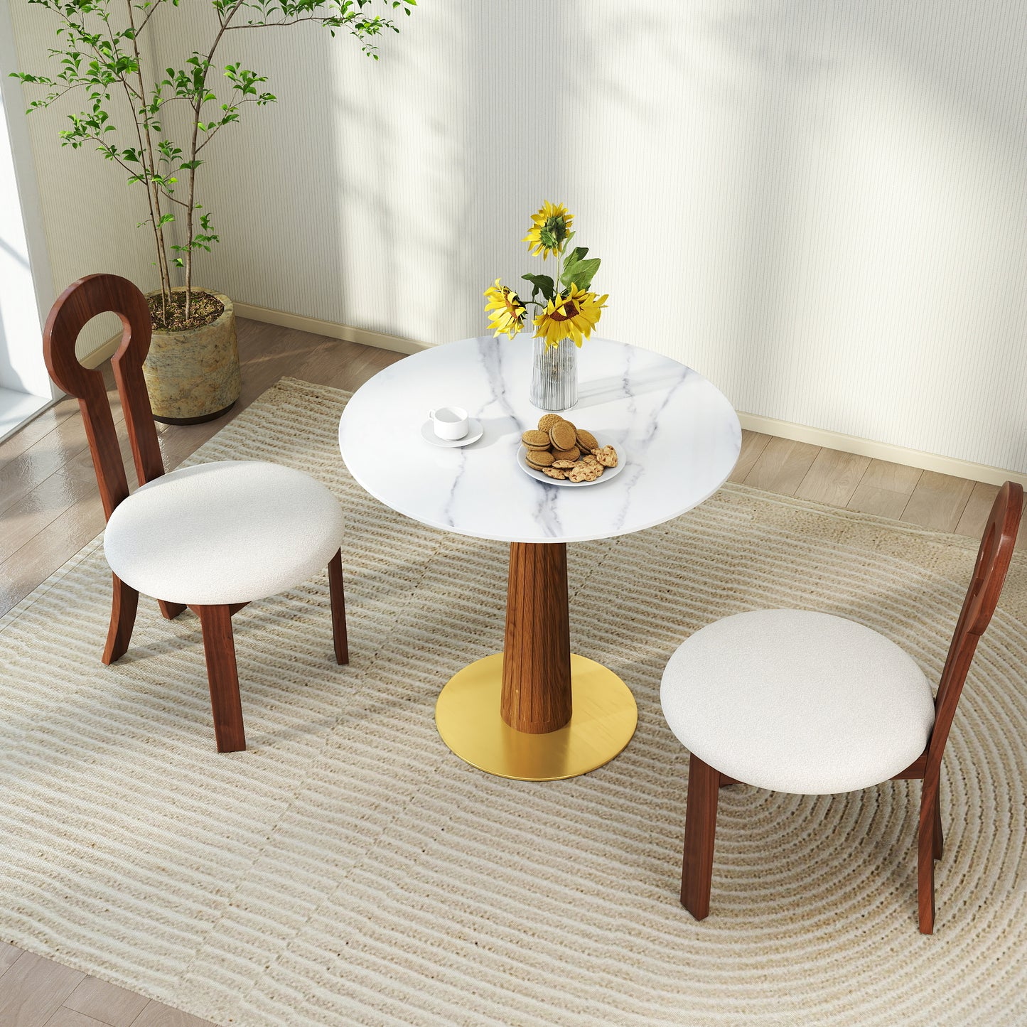 Modern Round Dining Table, 33.5  Sintered Stone Table With Wooden Leg & Gold Base, 2 - Person Kitchen Table For Small Space, 150lbs Weight Capacity Only The Negotiation Table