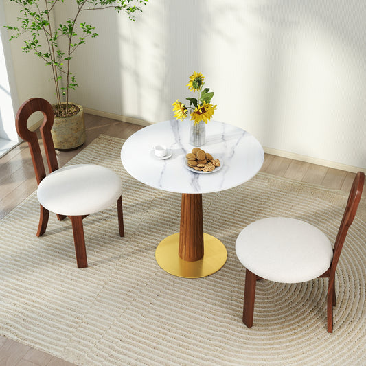 Modern Round Dining Table, 33.5  Sintered Stone Table With Wooden Leg & Gold Base, 2 - Person Kitchen Table For Small Space, 150lbs Weight Capacity Only The Negotiation Table