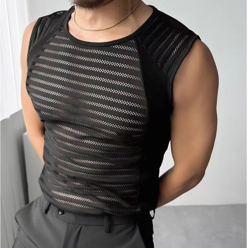 Sleeveless Hollow-Out Tank Top Mens Fitness Sports T-Shirt