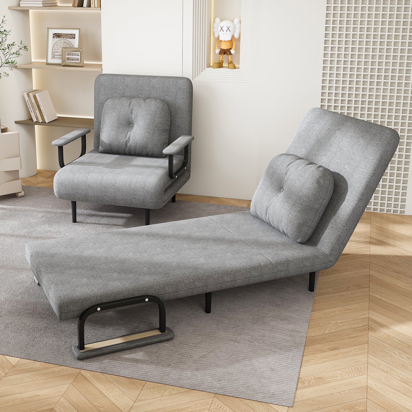 Folding Sofa Bed 5-in-1 Convertible Chair - 5-Position Adjustable Backrest With Pillow  Space-Saving Sleeper For Living Room  Bedroom & Office  Grey
