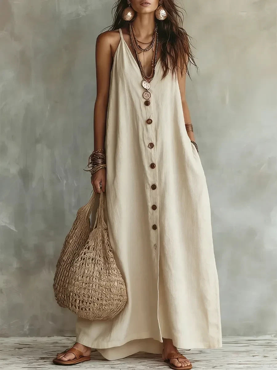 Fashion Casual Women Long Dress Solid Color With Buttons