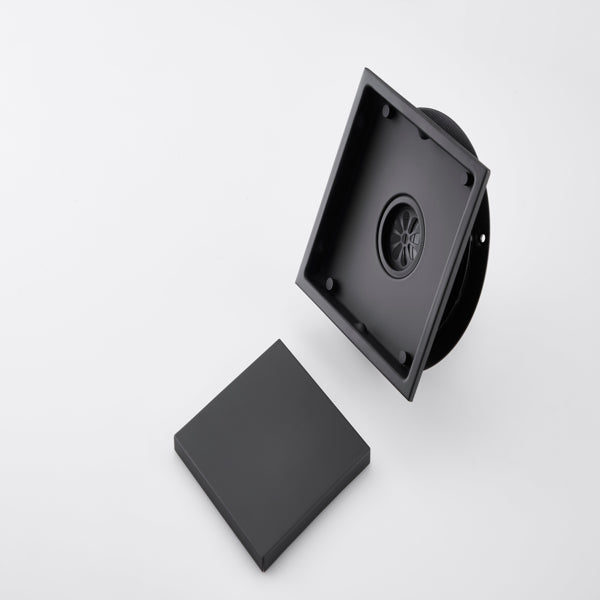 6 Inch Square Shower Drain With 2-in-1 Flat & Tile Insert Removable Cover, 304 Stainless Steel With Flange And Hair Strainer, Matte Black