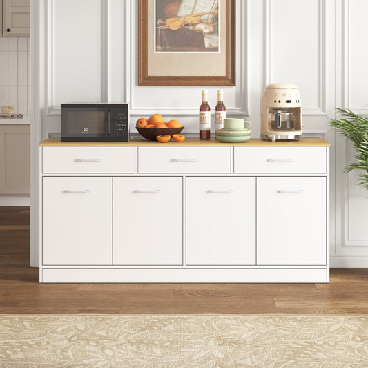 Kitchen Cabinet Sideboard With 3 Drawers & Adjustable Shelves, 160cm Kitchen Island With Wood Look Worktop, White, 76.5x160x37cm