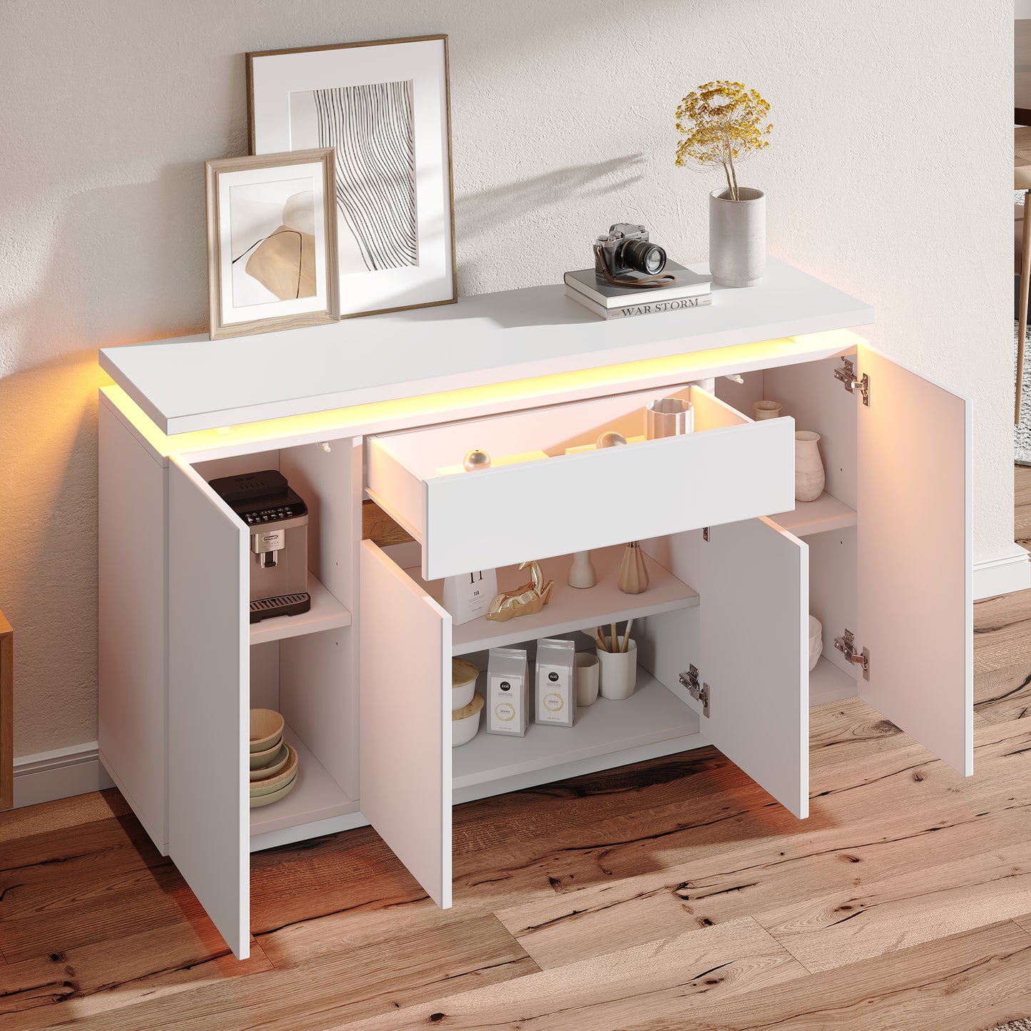 Modern LED Sideboard, 1 Drawer & 4 Doors Storage Cabinet, White  Natural, Perfect For Living Room, Hallway, Or Kitchen, Dimensions  140 X 40 X 80 Cm