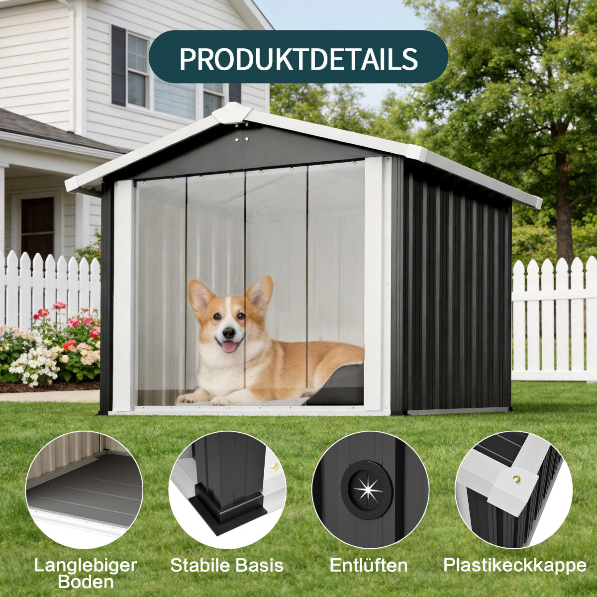 102x91x84cm Outdoor Dog House, Large Waterproof Pet House With Slanted Roof For Drainage, UV Protection & Ventilation, Weather Resistant Plastic Dog Kennel For  Patio Camping  Grey